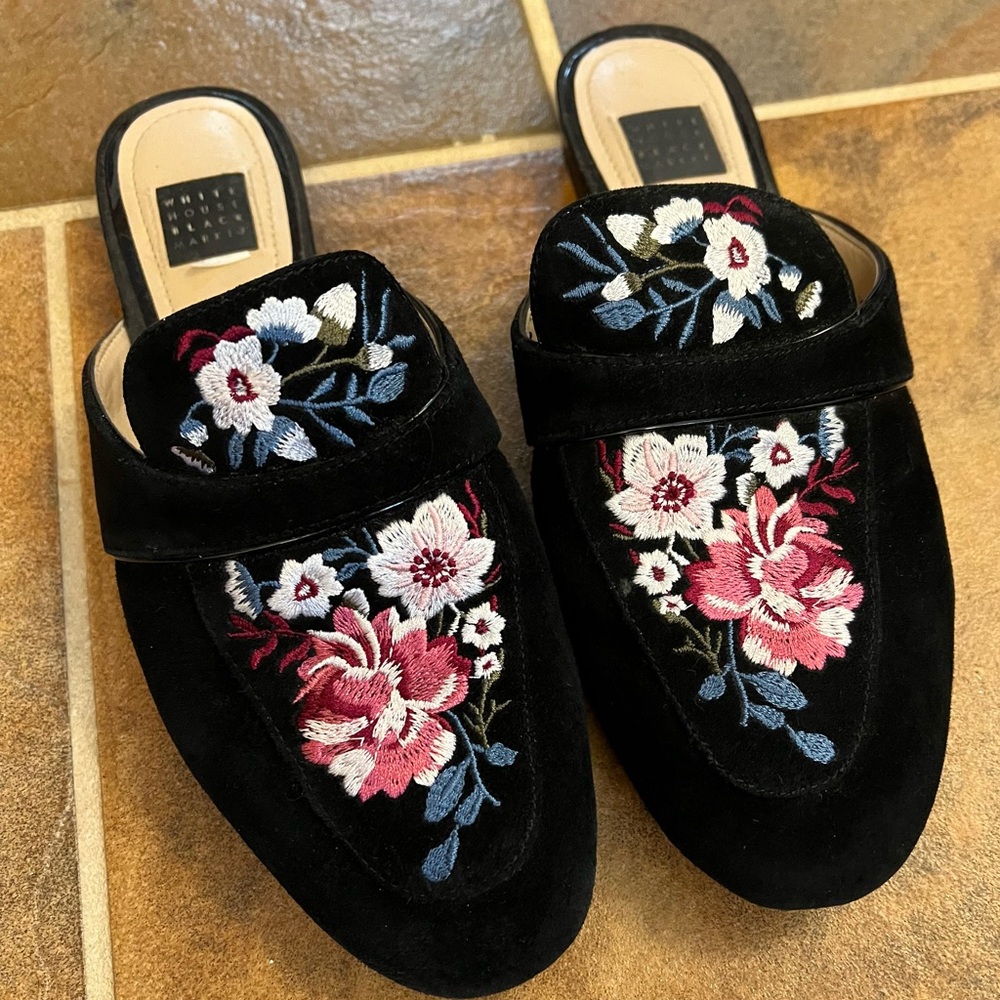 White House Black Market Black Floral Mules